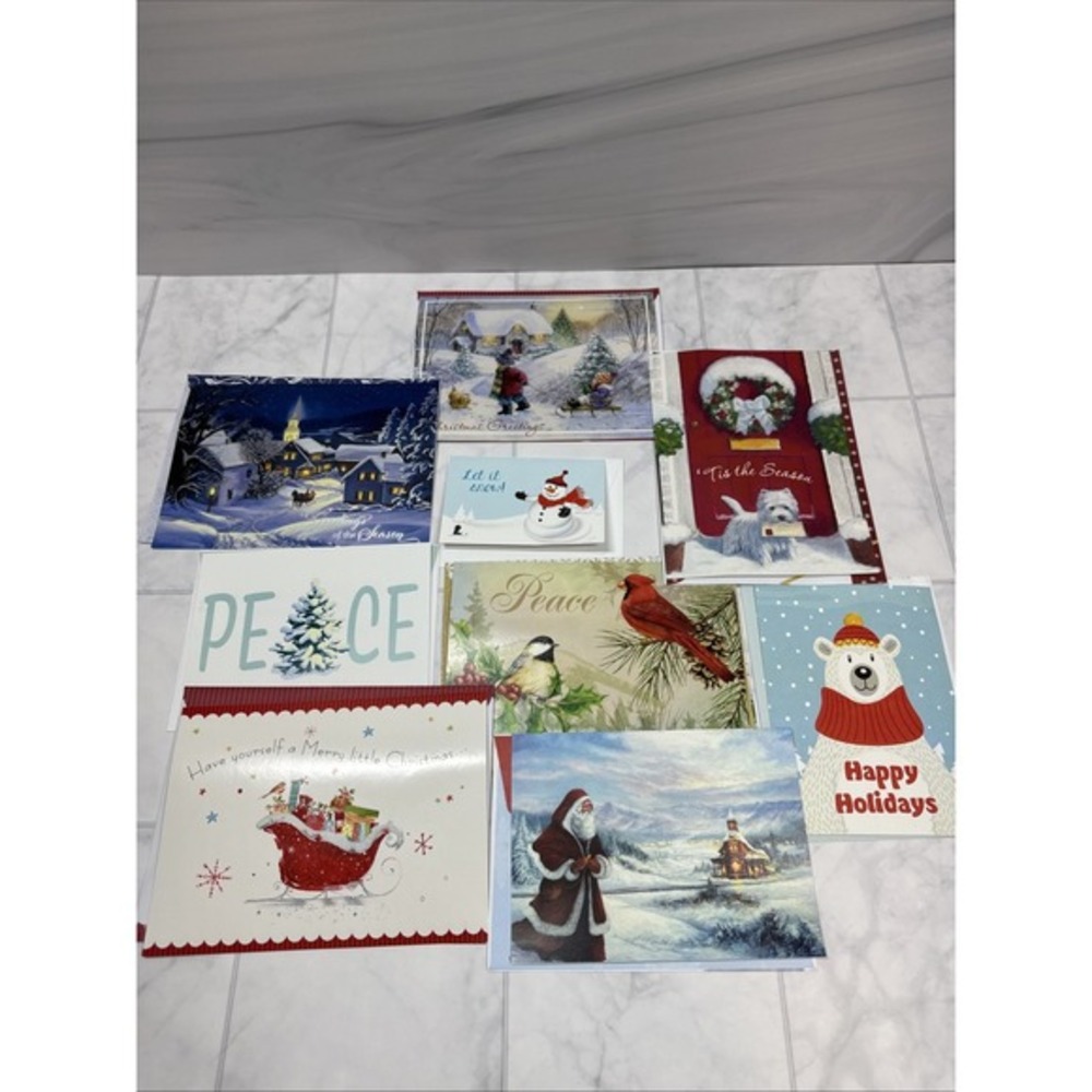 40 Assorted Christmas Greeting Cards w/Messages Envelopes & Gift Boxes New